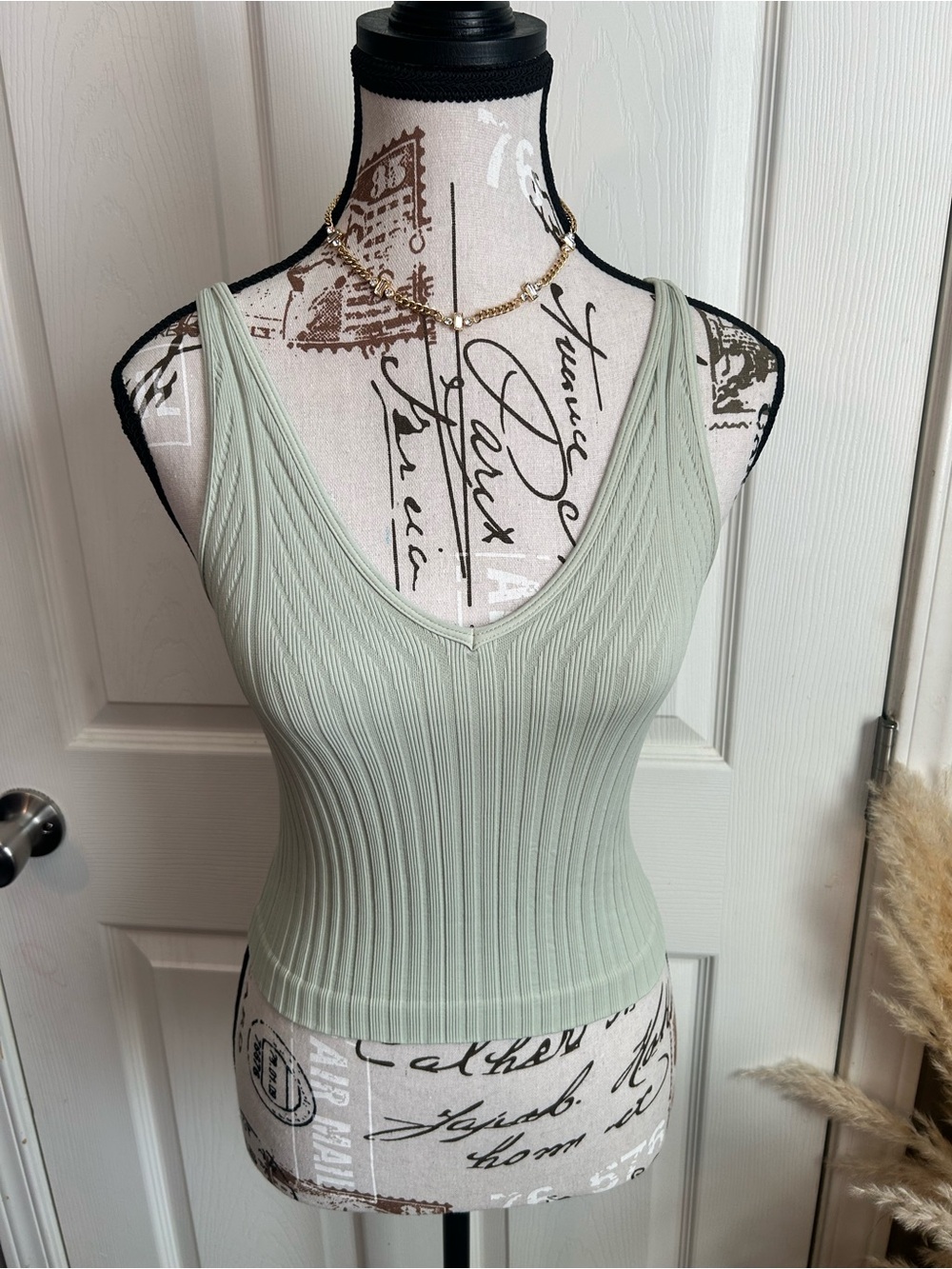 Nikibiki Ribbed V-Neck Tank in Sage